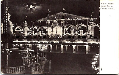 #ad Postcard 1908 Luna Park At Night Coney Island NY Lights Rides $6.98