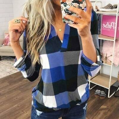 #ad Womens V Neck Loose Tops Blouse Ladies Plaid Check Long Sleeve T Shirt 2023 NEW $15.79