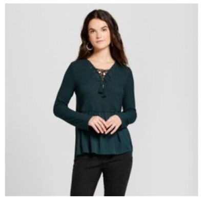 #ad Knox rose Women#x27;s Ribbed Knit to Woven Peplum Top Forest Green Size:M $12.00