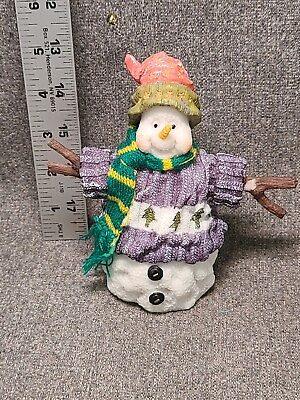 #ad Vintage Christmas Resin Snowman Figure Figurine Pink Hat Purple Sweater 4quot; $7.99