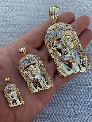 #ad Solid 925 Silver 14k Gold Plated Jesus Piece ITALY Necklace HIP HOP Real Iced $53.17