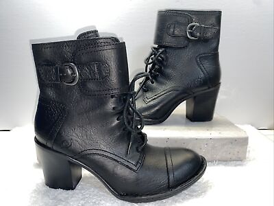 #ad Born Lace Up Side Buckle Black Leather Women’s Bootie Boots Size 7M $44.00
