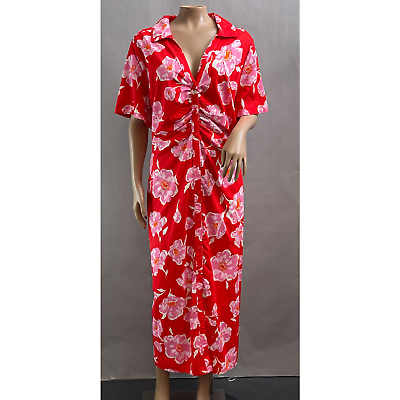 #ad Old Navy Dress Women XXL 2X Red Floral Cutout Midi Shirt Short Sleeve Button $24.99