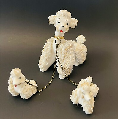 #ad LEFTON Vintage Spaghetti Poodle Family Mom And Puppies Chained White Gold Japan $44.00
