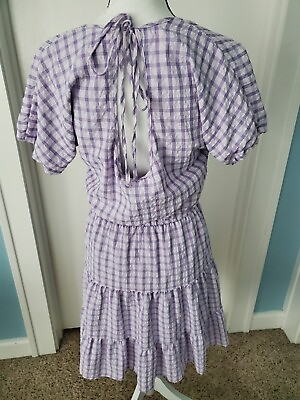 #ad BCBG generation Purple Gingham Peasant Dress Size 6 RUFFLED CUT OUT BACK summer $15.00