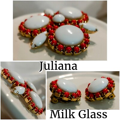 #ad Rare Vintage Juliana Milk Glass Earrings And Brooch Set $115.00