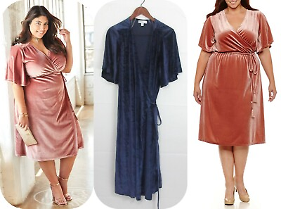 #ad Boutique JCP 2X women#x27;s wrap Dress tie velvet dress evening Mauve Blue $69 sz 2X $32.00