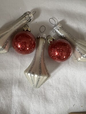 #ad 5 Small Glass ornaments 3 silver 2 glittery red $10.00