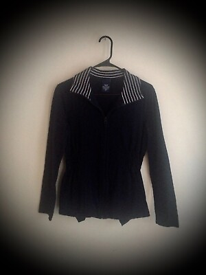 #ad Women#x27;s Navy Blue White Striped Zip Up Jacket Elastic Pleats Size S EXCELLENT $14.00