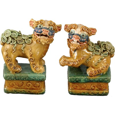 #ad VINTAGE CHINESE MAJOLICA CERAMIC PAIR OF FOO DOGS FIGURINES 5#x27;#x27;H $125.00