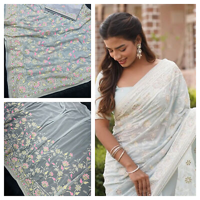 #ad New Soft Georgette Pastel Embroidery Wedding Festive Saree Blouse Reception Sari $49.99