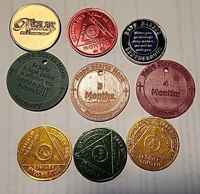#ad Lot of 9 AA Alcoholics Anonymous Program Bronze Coins Recovery Tokens $6.99