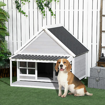 #ad PawHut Wooden Dog House Outdoor Cabin Style w Porch PVC Roof Windows $272.99