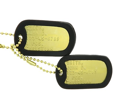 #ad Custom Embossed Military Brass Army Navy Marines AF ID Dog Tags Set $8.95