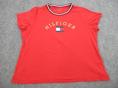 #ad Tommy Hilfiger Shirt Womens 1X Red Spell Out Logo Casual Ladies Crew Preppy $18.85