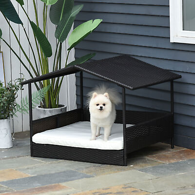 Elevated Wicker Dog House Raised Rattan Pet Bed Cabana w Cushion Canopy White $124.55