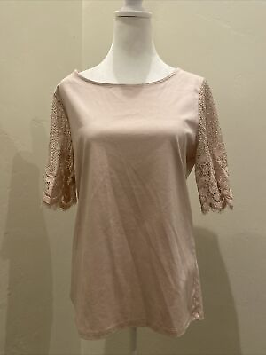 #ad Ann Taylor 3 4 Sleeve Round Neck Rose Pink Sleeve’s Lace Blouse Top Shirt SZ L $7.00