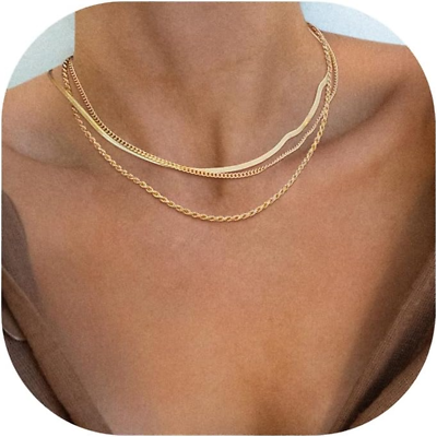 #ad Herringbone Necklace for WomenDainty Gold Necklace14K Gold Plated SnakeGold C $22.36