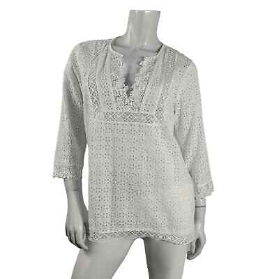 #ad J. Jill Lace Eyelet Crochet White Sz.S V Neck Boho Cotton Coastal 3 4 Sleeve Top $35.00
