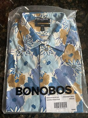 #ad Bonobos Stretch Riviera Short Sleeve Large Slim Fit Blue Stamp Floral New Y50 5 $35.00