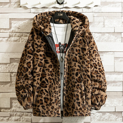 #ad Winter Mens Hooded Jacket Leopard Hip Hop Clothes unisex Faux Fur Coat Outerwear $109.19