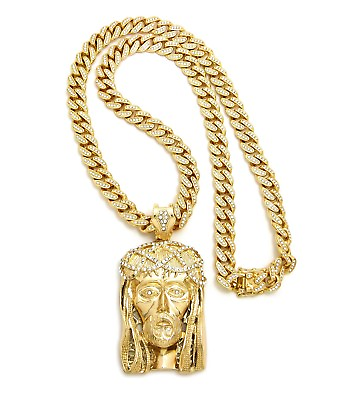 #ad New Jesus Piece Pendant 12mm 24quot; Ice Bling Miami Cuban Link Chain Gold Plated* $72.99