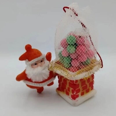 #ad Vintage Christmas Flocked Plastic Santa Claus Chimney Candy Holder Ornament $12.74