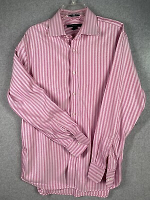 #ad Mens Express Dress Shirt LG 16 16 1 2 Pink Herringbone Spread Collar Italian $14.98