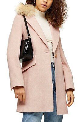 #ad TOPSHOP Pink Herringbone Monica Detachable Faux Fur Long Line Fur Coat $39.00
