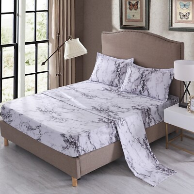 4 Piece Marble Gray Bed Sheet Set Extra Deep Pocket Sheets King Queen Bedding US $35.63