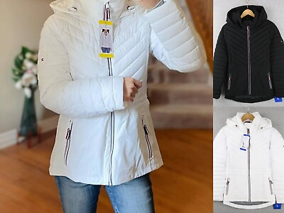 #ad Tommy Hilfiger Women#x27;s Quilted Jacket Puffer White Black Sz L XL Sorona Aura NWT $39.95