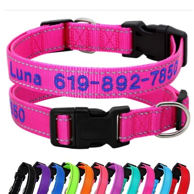 #ad Dog Collar Personalised Reflective Nylon With Name Phone Embroidered Dog Collar $10.54