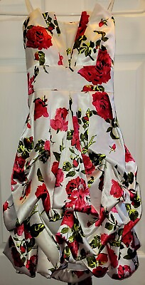 #ad A Byer Dress Size 5 Pink White Satin Rose Print Floral Strapless Sleeveless $15.00