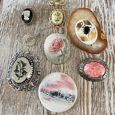 #ad Art Deco Vintage Floral Rhinestone Porcelain Cameo Brooch Lot Pin Jewelry $89.99