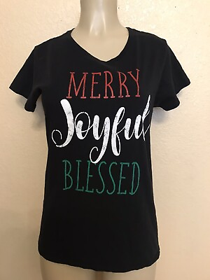 #ad Holiday Time Womens Size Large Christmas Black Cotton Merry Joyful BlessedShirt $9.00