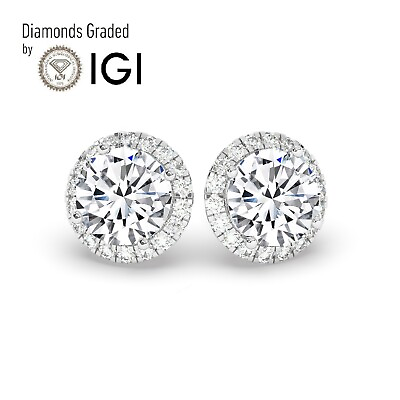 #ad Round 6ct Solitaire Halo 18K White Gold Studs Earrings Lab grown IGI $4172.40