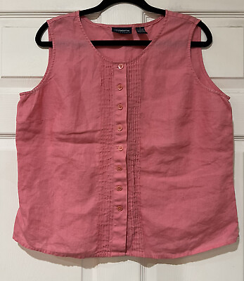 #ad LIZ CLAIBORNE Liz Sport Women’s Size 16 Pink Irish Linen Pleated Button Up Top $12.99