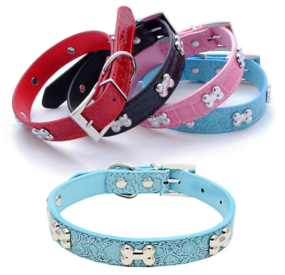#ad DOG BONES Studs Dog PU Faux Leather Collar Puppy Cat Small XS S M L Adjustable $8.95