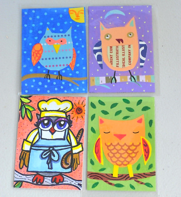 #ad original craft STYLE ACEO funky owl lot 3 original one print colorful AR $11.00
