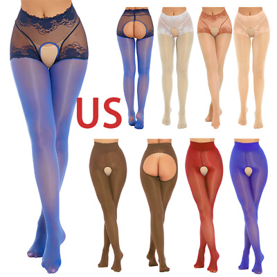 #ad US Women Mesh Pantyhose Tights Crotchless Sheer Nylon Footed Hosiery Stockings $7.80