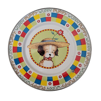 #ad Mary Engelbreit Wuppy Puppy Colorful Floral Dog Round Enamel Tin Plate 8 1 2” $12.85