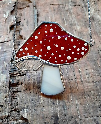 #ad Stained glass red mushroom suncatcher ornament woodland cottagecore Handpainted $21.00