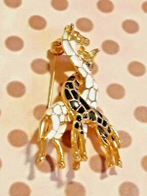 #ad Two Giraffe Intertwined Neck White amp; Black Enamel Gold Tone Brooch Pin Love $12.00