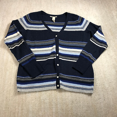 #ad Lucky Brand Sweater Womens Medium Cardigan Blue Gray Stripe Wool Vintage VTG $24.44