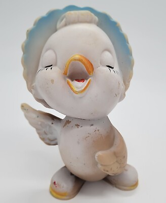 #ad Vintage Tinkle Toy Plastic Squeaky Toy White Baby Chicken Blue Bonnet 5.5” $14.79