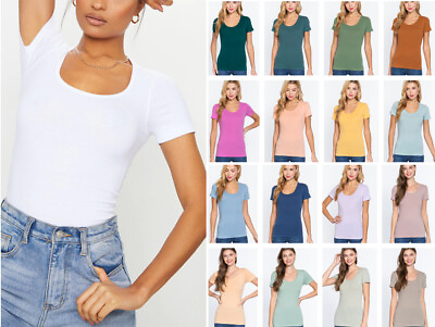#ad #ad Women#x27;s Basic T Shirt Scoop Neck Cotton Short Sleeve Solid Knit Plain Top Fitted $9.99