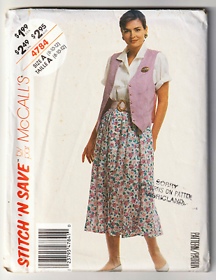 #ad McCalls 4784 Blouse Vest Skirt Front Button 8 10 12 1980s Sewing Pattern UNCUT $6.95