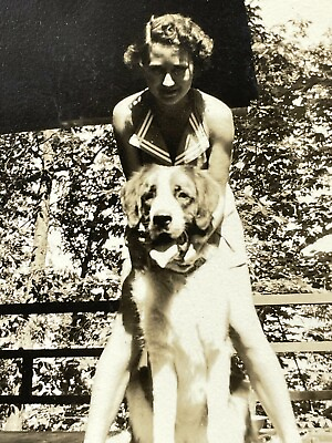 #ad Y2 Photograph Artistic 1940 50#x27;s Pretty Woman Posing St Bernard Dog $14.75