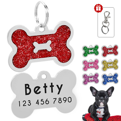 #ad Glitter Bone Shape Personalized Dog Tags Engraved Pet ID Name Collar Tag Charm $6.99