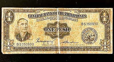 #ad 1949 Central Bank of Philippines One 1 Peso ASIA Foreign Paper Currency Asian $9.00